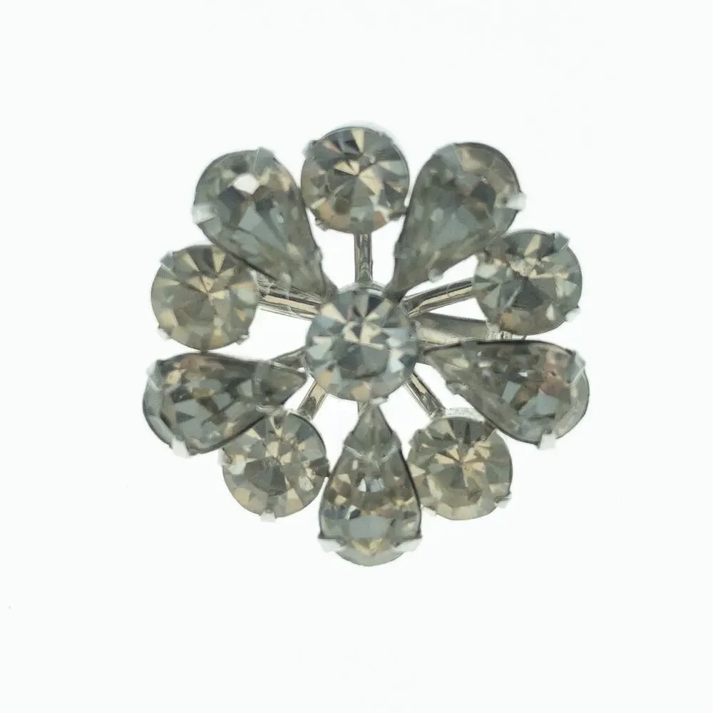 Vintage Rhinestone Flower Brooch Silver Tone Starburst Pin 1.5